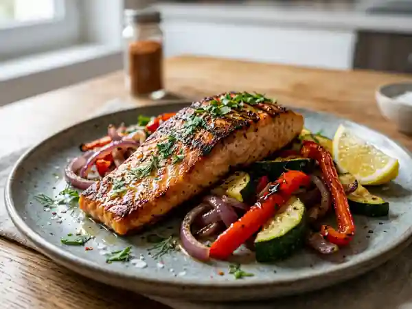 Saumon grillé au piment et légumes croquants - Photo de présentation