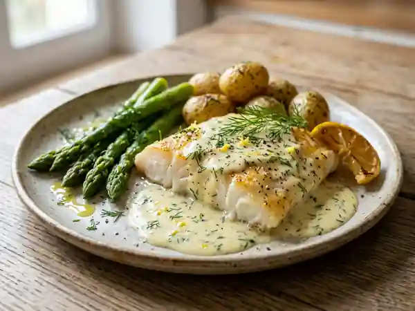 Pavés d'églefin à l'aneth, sauce citronnée légère - Photo de présentation