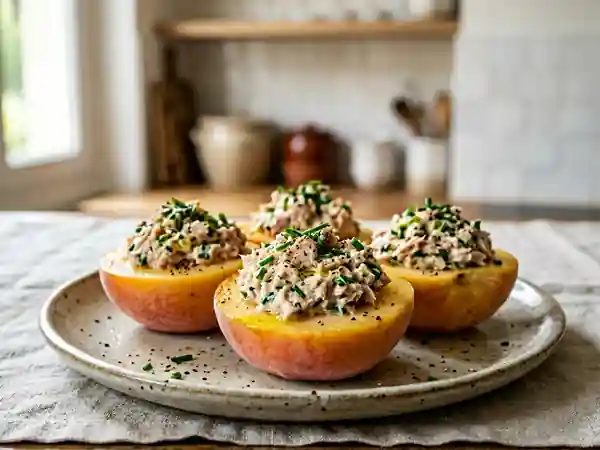 Pêches farcies au thon fondant et citronné - Photo de présentation