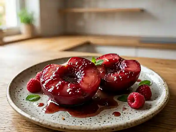 Pêches fondantes au vin rouge et framboise - Photo de présentation
