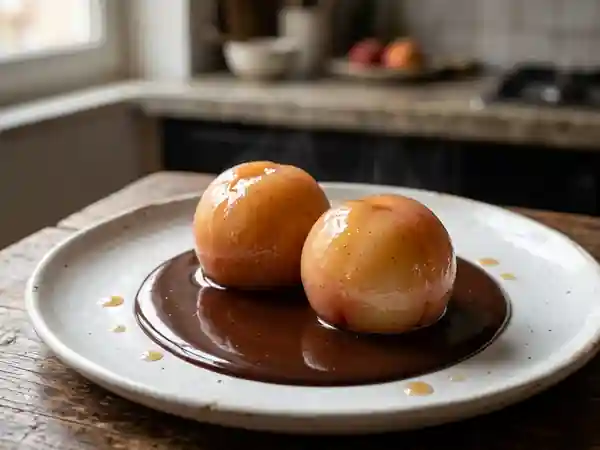Pêches pochées fondantes sur coulis de chocolat chaud gourmand - Photo de présentation