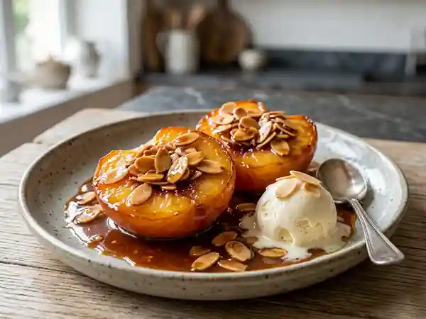 Pêches rôties aux amandes et au cognac : dessert gourmand et raffiné - Photo de présentation