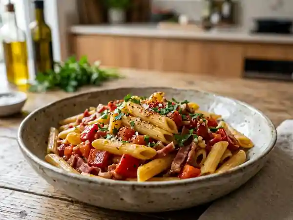 Penne à la navarraise, jambon de Bayonne et piment - Photo de présentation