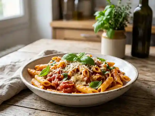 Penne Zaza al dente, tomates fraîches et basilic - Photo de présentation