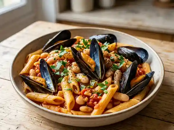 Penne onctueuses aux moules et haricots blancs - Photo de présentation