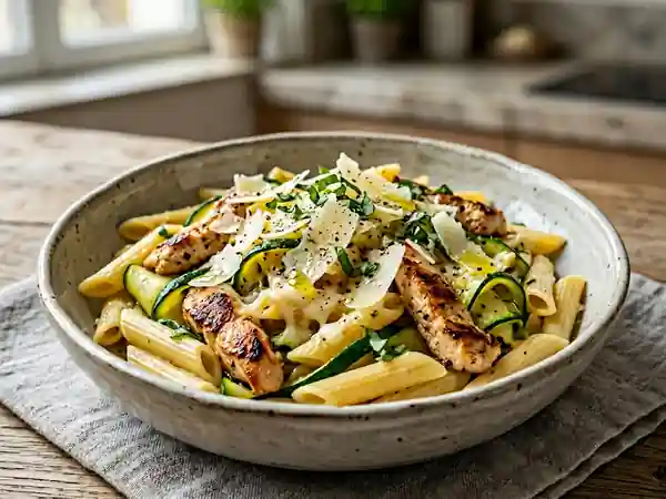 Penne au poulet doré et fines lanières de courgette - Photo de présentation