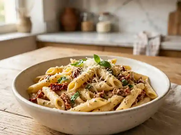 Penne crémeuses aux tomates séchées et basilic - Photo de présentation