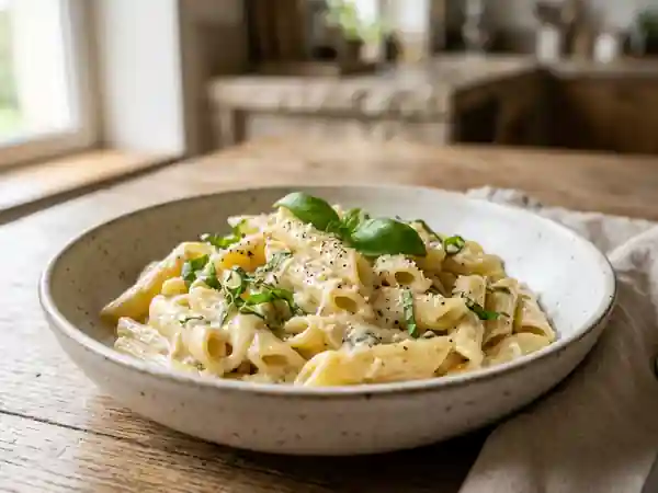 Penne crémeuses aux 3 fromages et basilic frais - Photo de présentation