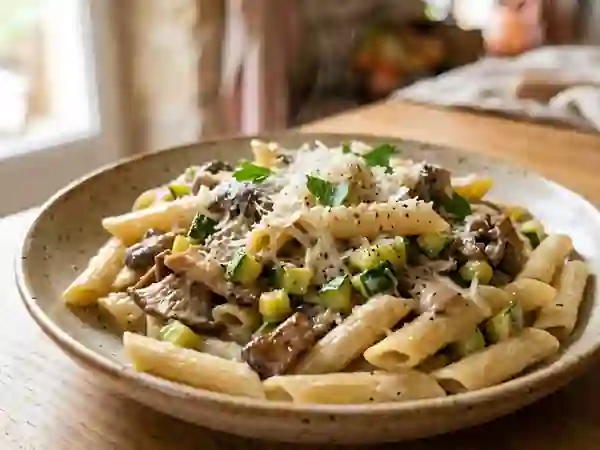 Penne crémeuses aux pleurotes et courgette - Photo de présentation