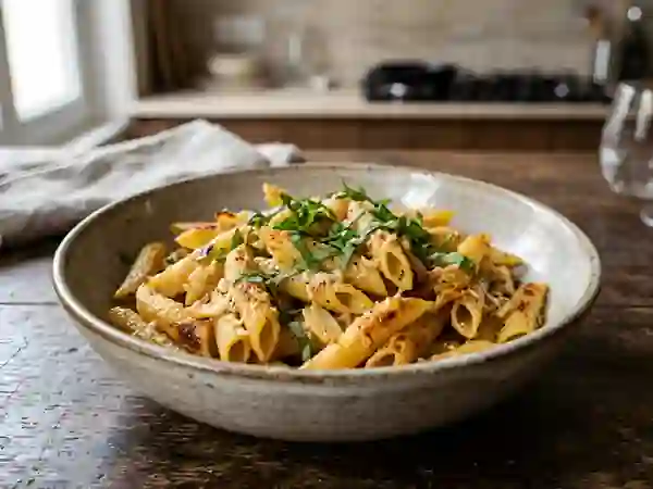 Penne dorées au parmesan et basilic - Photo de présentation