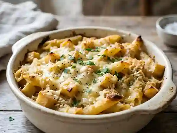 Penne gratinées aux pommes et croûte dorée - Photo de présentation