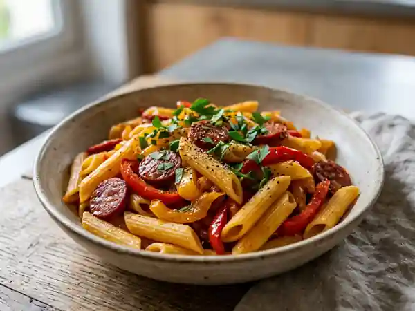 Penne Rigate au chorizo et poivrons fondants - Photo de présentation