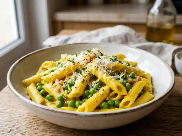 Penne onctueuses au safran et petits pois - Photo de présentation
