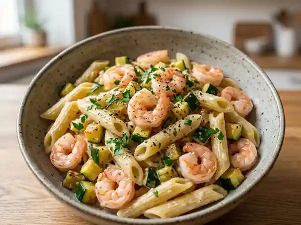 Pennes crémeuses aux crevettes et courgettes - Photo de présentation