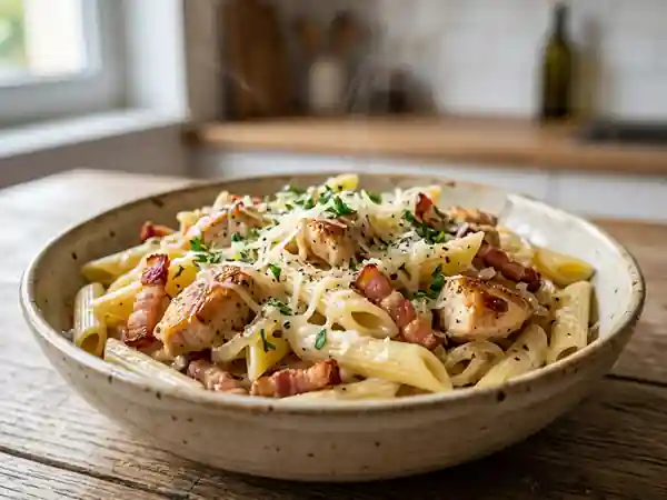 Pennes crémeuses au poulet et lardons fumés - Photo de présentation