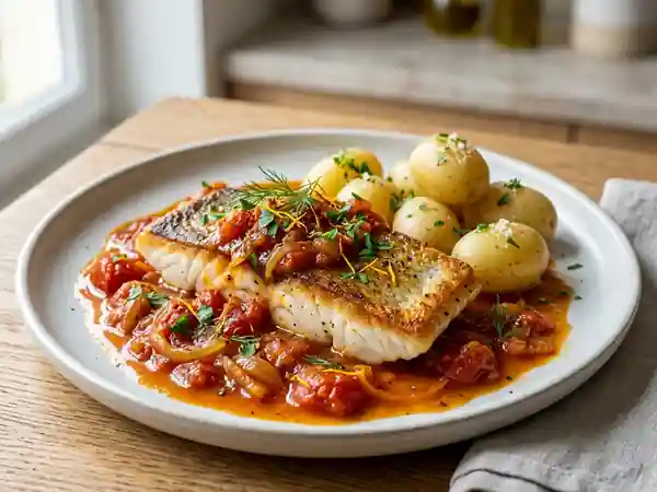 Perche rôtie, sauce tomate fondante au safran - Photo de présentation