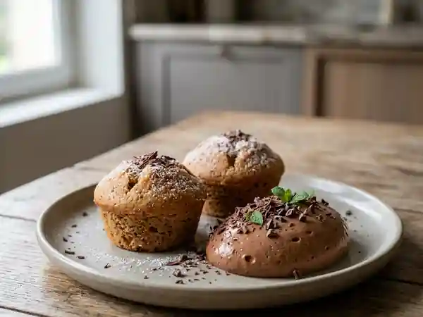 Petits gâteaux moelleux accompagnés d'une mousse au chocolat onctueuse - Photo de présentation