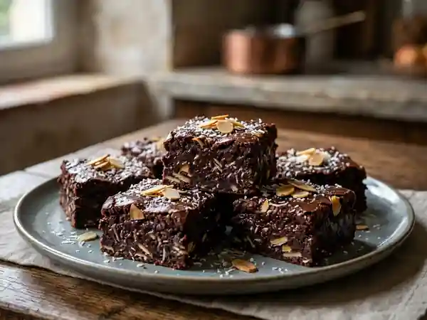 Petits pavés gourmands au chocolat noir et éclats d'amandes ou noix de coco - Photo de présentation