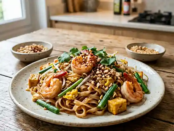 Phad Thaï fondant aux crevettes et cacahuètes - Photo de présentation