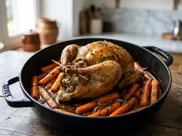 Pigeon farci aux herbes et carottes fondantes - Photo de présentation