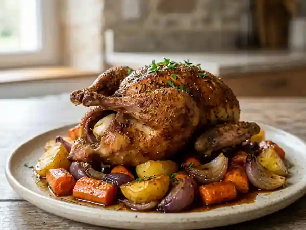 Pigeon rôti aux épices douces et légumes de saison - Photo de présentation