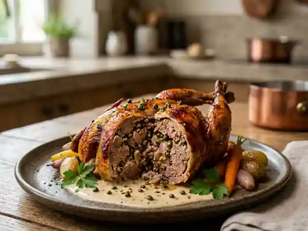 Pigeonneaux rôtis, farce fine au poivre vert - Photo de présentation