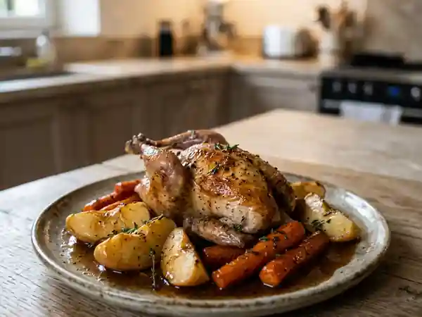 Pigeonneau rôti au beurre, pommes et carottes - Photo de présentation