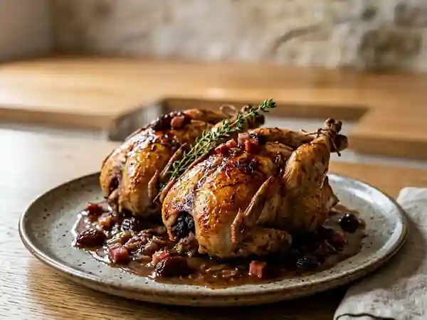 Pigeons rôtis, farce fondante jambon et raisins - Photo de présentation