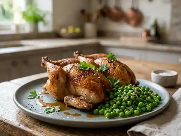 Pigeons rôtis farcis et petits pois fondants - Photo de présentation