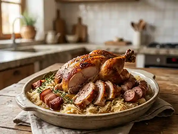 Pintade braisée et sa choucroute au lard fumé - Photo de présentation