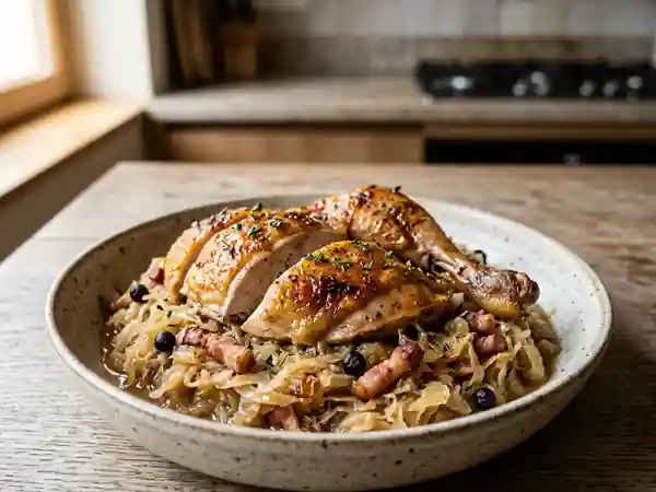 Pintade braisée et choucroute fondante au lard - Photo de présentation