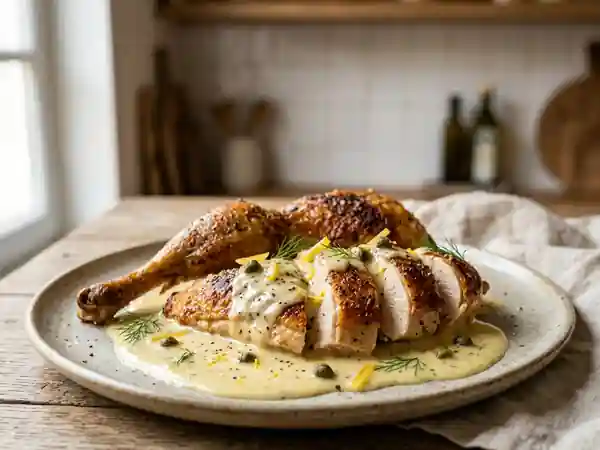 Pintade rôtie à la sauce citron fraîche et onctueuse - Photo de présentation