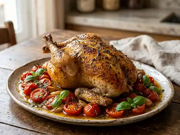 Pintade rôtie aux tomates cerises et basilic - Photo de présentation