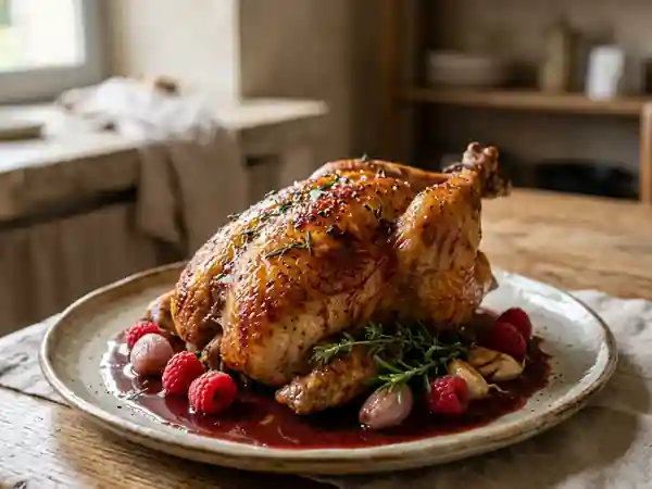 Pintade rôtie au vinaigre de framboise et herbes fraîches - Photo de présentation