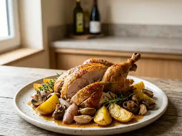 Pintade rôtie aux champignons et pommes fondantes - Photo de présentation