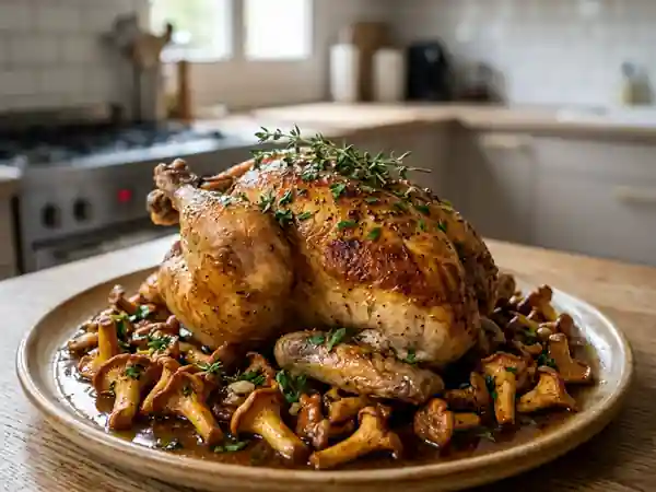 Pintade rôtie aux girolles et herbes fraîches - Photo de présentation
