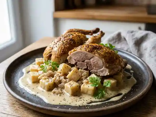Pintadeaux rôtis au céleri fondant et sauce onctueuse - Photo de présentation