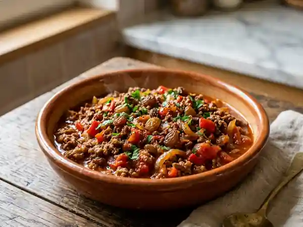 Piperade savoureuse à la viande hachée et raisins secs d'Afrique du Sud - Photo de présentation
