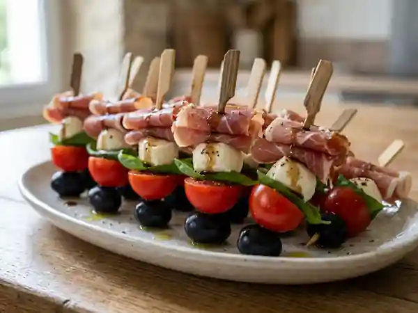 Piques fraîcheur mozzarella, jambon et basilic - Photo de présentation