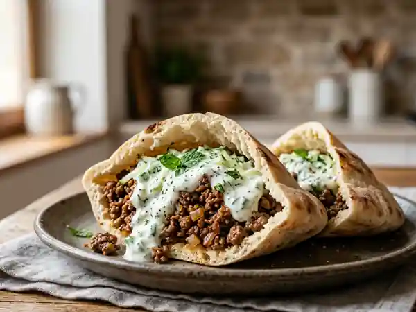 Pita au bœuf épicé et sauce yaourt fraîche - Photo de présentation