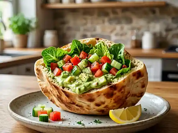 Pita moelleuse garnie et sauce onctueuse à l'avocat - Photo de présentation