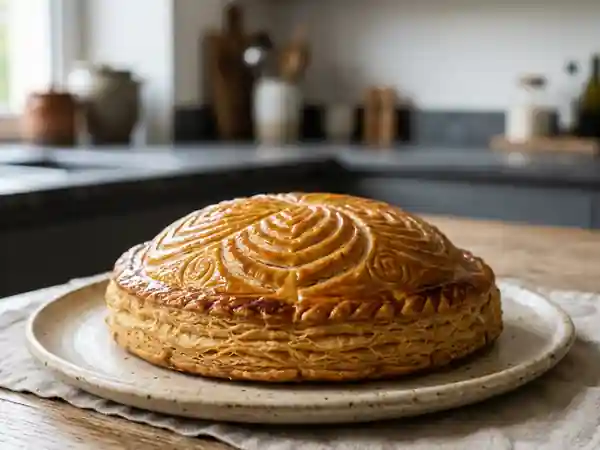 Pithiviers traditionnel : feuilleté doré à la crème d'amandes onctueuse - Photo de présentation