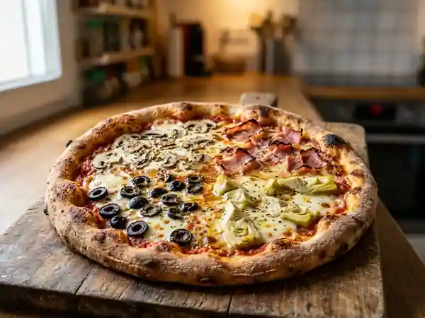 Pizza 4 Saisons : Croûte Fine et Garniture Fondante - Photo de présentation