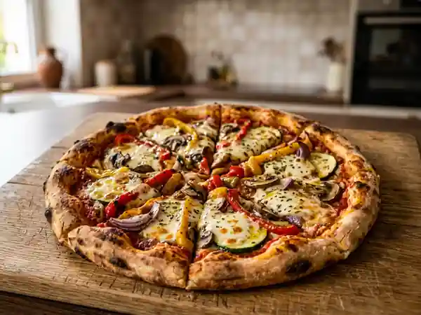 Pizza aux légumes croquants et mozzarella fondante - Photo de présentation