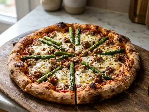 Pizza croustillante asperges et saucisse - Photo de présentation
