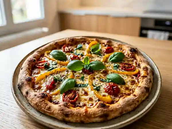 Pizza ensoleillée aux poivrons et mozzarella - Photo de présentation