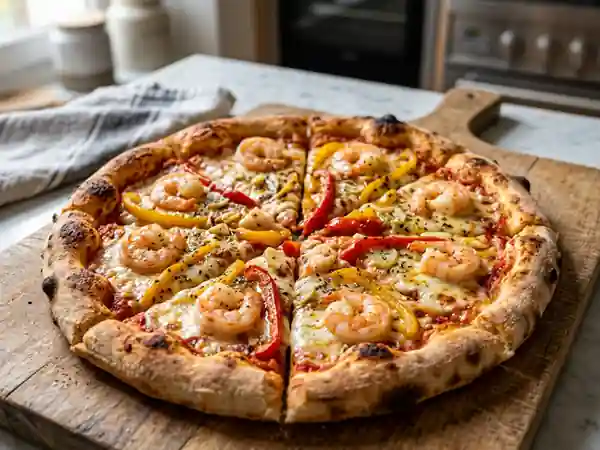 Pizza gourmande aux crevettes et poivrons colorés - Photo de présentation