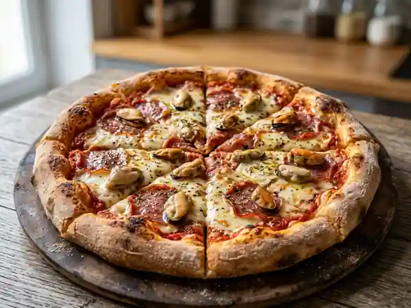 Pizza iodée au salami et moules fondantes - Photo de présentation