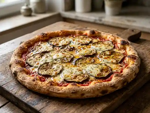 Pizza fondante aux aubergines et origan - Photo de présentation