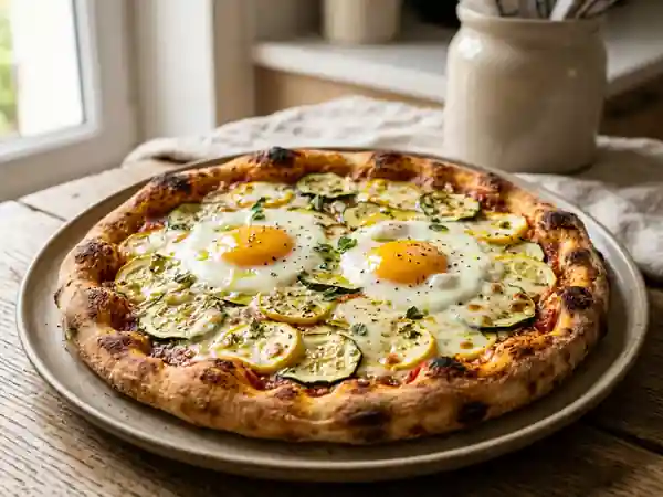 Pizza courgette, mozzarella et œuf coulant - Photo de présentation